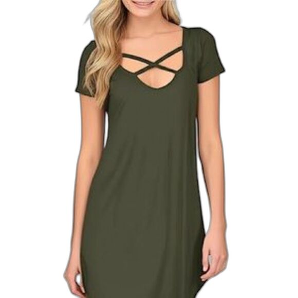 Design Lab Lord & Taylor Olive Green X Cross Neckline Jersey Dress Size Medium - Picture 1 of 8